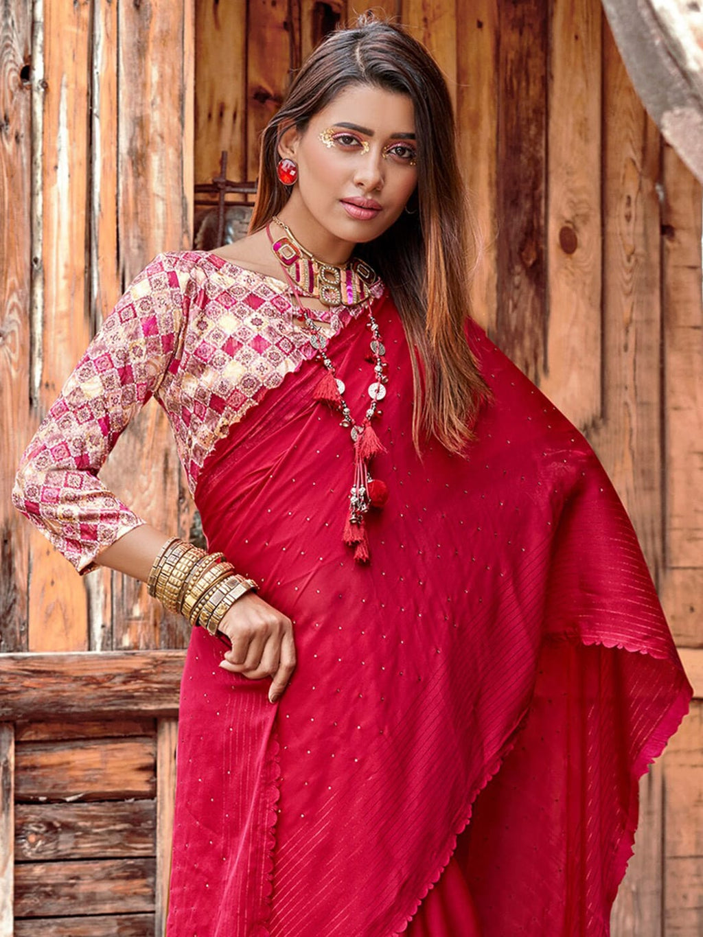 Saree Mall Pink Embellished Beads and Stones Pure Chiffon Sarees - Distacart