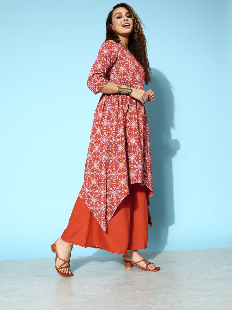 All About You Brick Red Printed Dipped Hem Veere Di Wedding A-Line Kurta with Palazzos