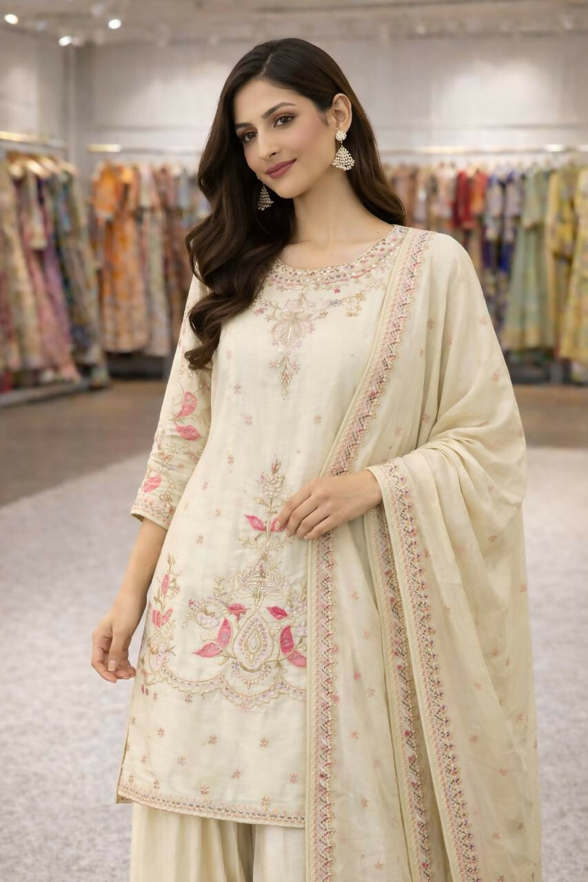 Teeya Creation Cream Chinnon Designer Embroidery Work Party Wear Salwar Suit - Distacart