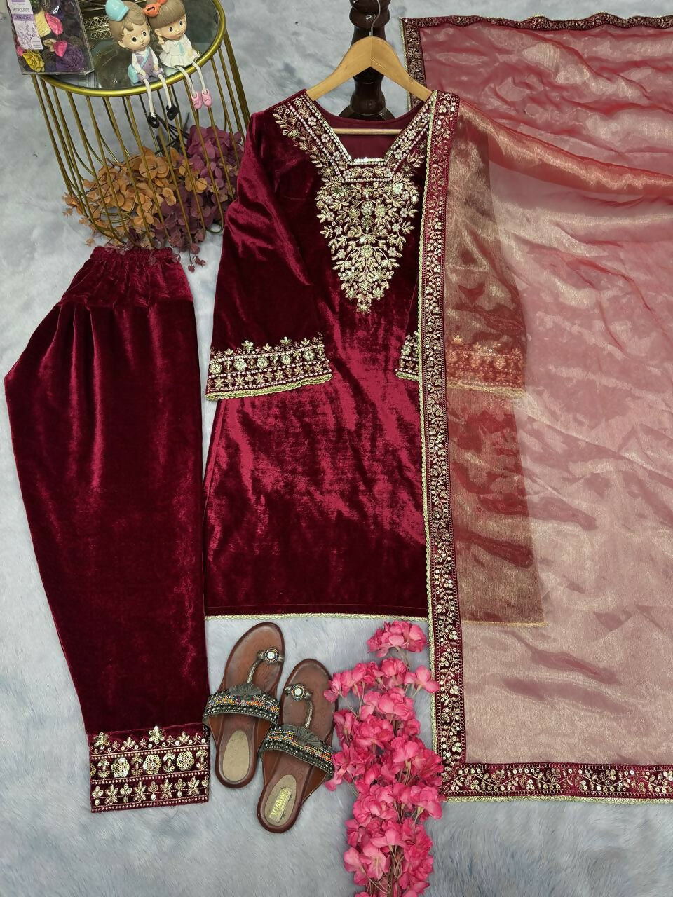 Teeya Creation Red Color Velvet Designer Embroidery Work party Wear Suit - Distacart