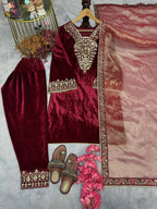 Teeya Creation Red Color Velvet Designer Embroidery Work party Wear Suit - Distacart