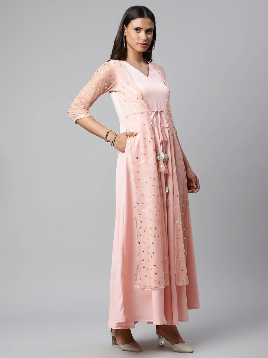 Ahalyaa Women Pink Crepe & Net Foil Print Dress - Distacart