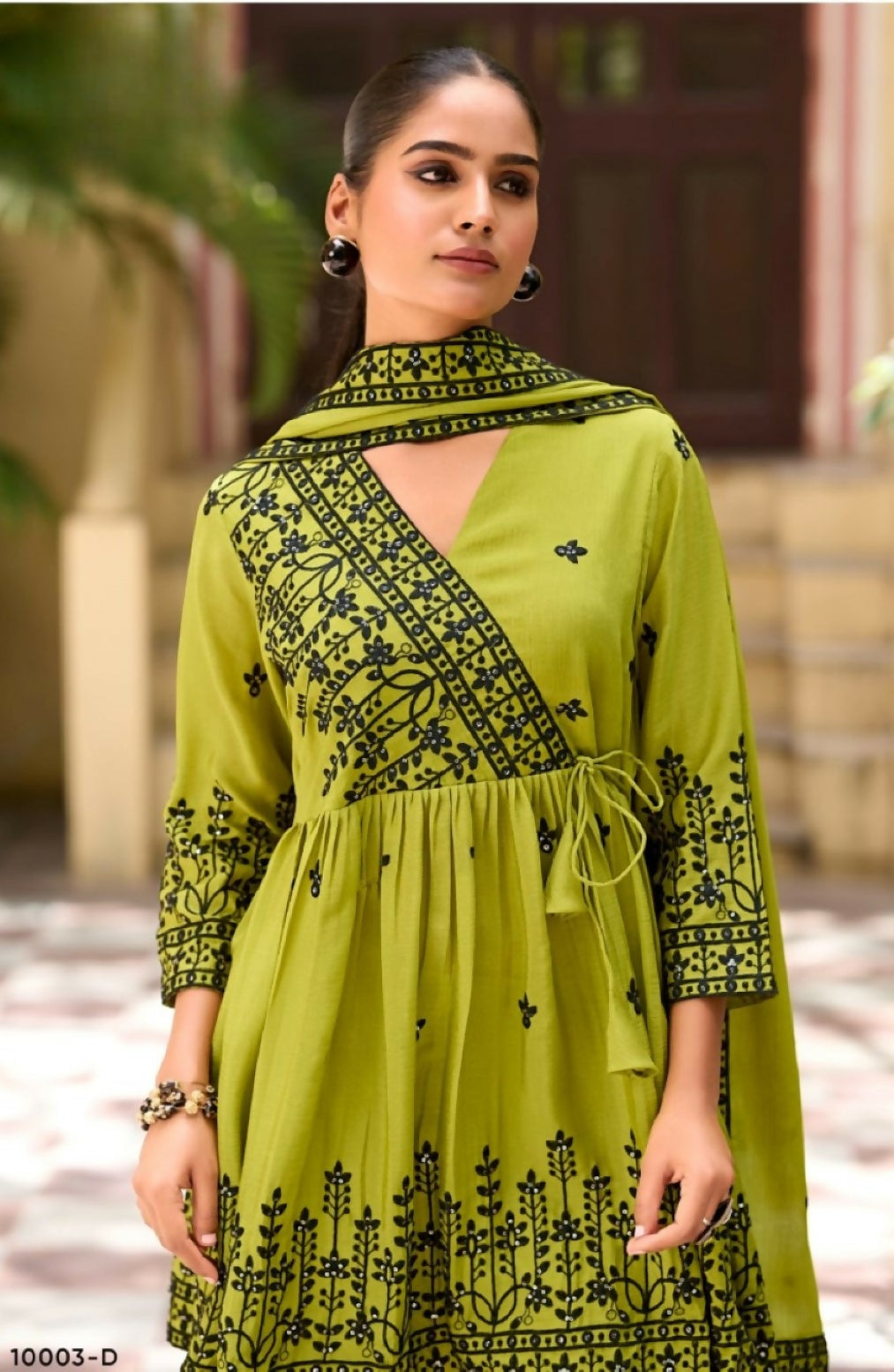Anaita Mehendi Chinon Readymade Sharara Suit with Embroidery Work - Distacart
