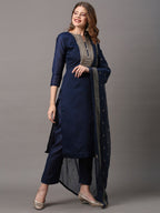 Saree Mall Navy Blue & Gold-Toned Embroidered Unstitched Dress Material - Distacart