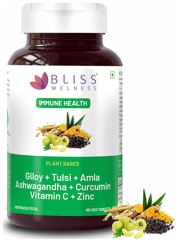 Bliss Welness Giloy + Tulsi + Amla + Ashwagandha + Curcumin Immunity Health Veg Tablet