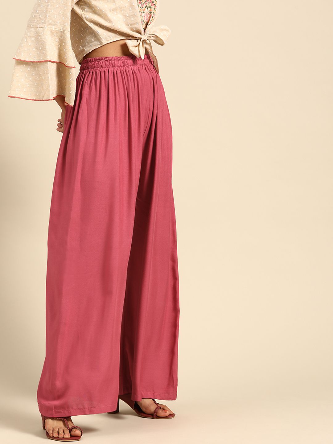 TAG 7 Women Pink Solid Wide Leg Palazzos