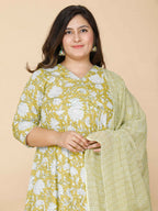 Miravan Women's Yellow Plus Size Floral Anarkali Kurta With Dupatta