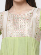 Myshka Women's Green Rayon Printed 3/4 Sleeve Round Neck Casual Anarkali Dupatta Set