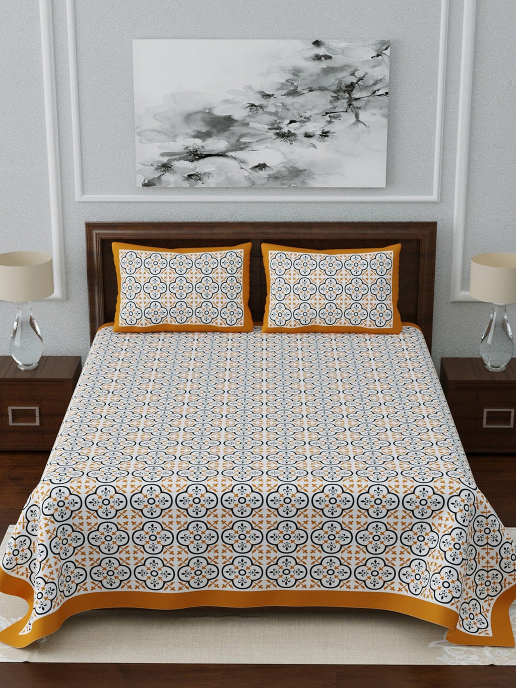 LIVING ROOTS White & Blue Ethnic Motifs Jaipuri 210 TC Cotton Double King Bedsheets With 2 Pillow Covers