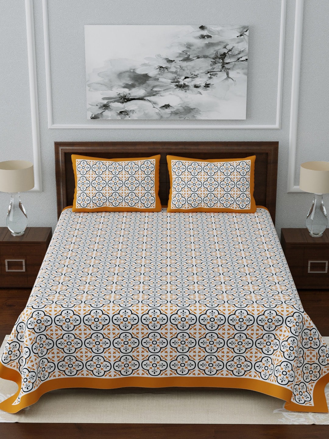 LIVING ROOTS White & Blue Ethnic Motifs Jaipuri 210 TC Cotton Double King Bedsheets With 2 Pillow Covers