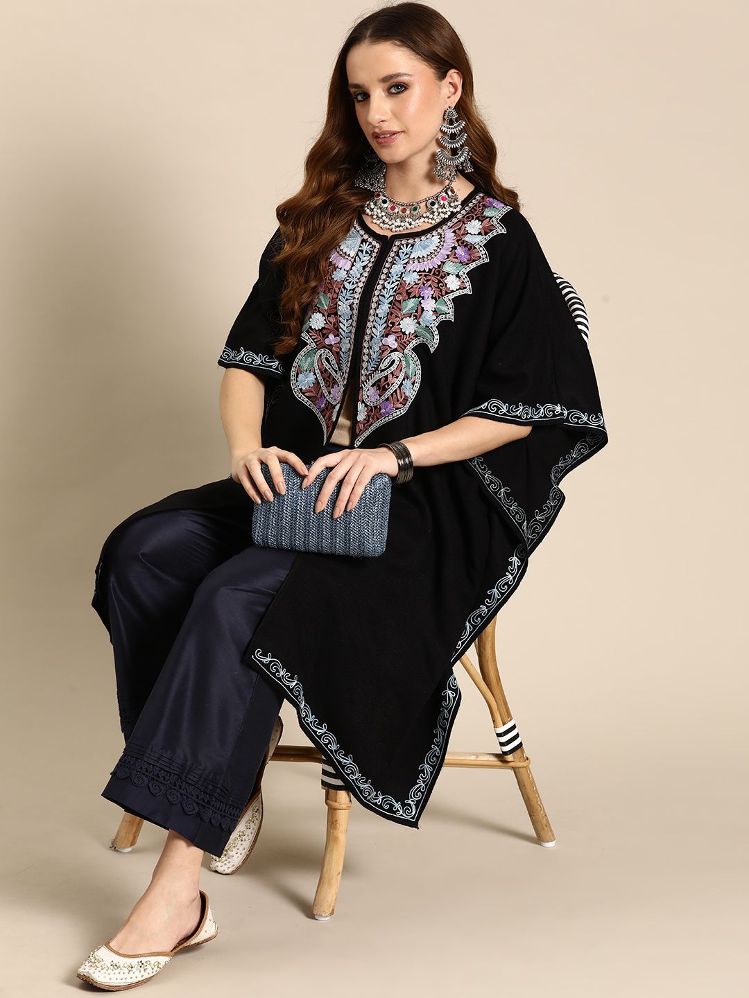 Sangria Women Floral Yoke Design Flared Sleeves Jacquard Kaftan Kurta