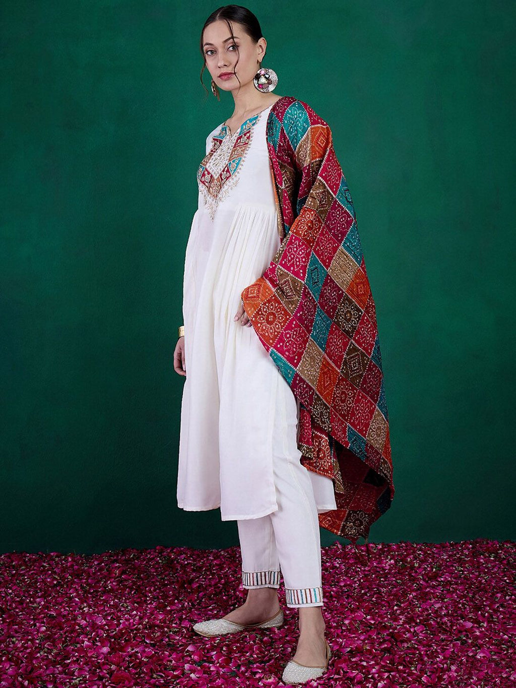 Sangria Floral Yoke Embroidered Straight Kurta & Trousers With Dupatta