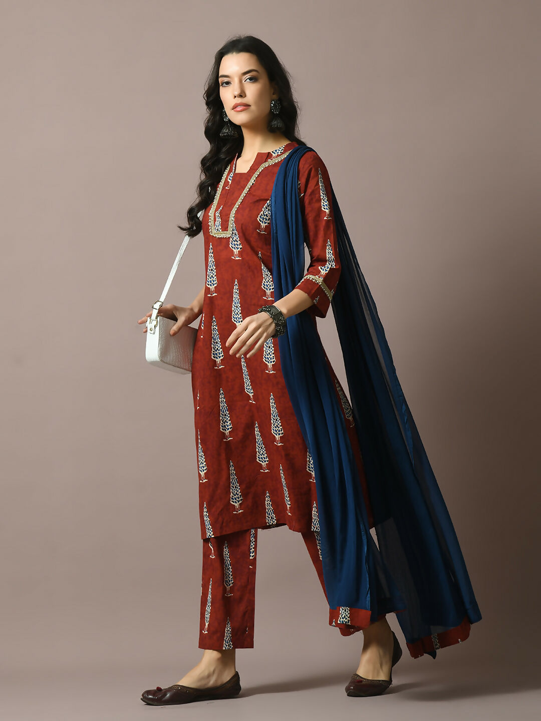 Myshka Women's Rust Printed Cotton Straight Party Kurta Set With Dupatta