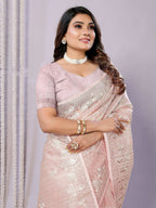 Pink Silk Embroidered Saree With Unstitched Blouse - Nimaya Kaksha