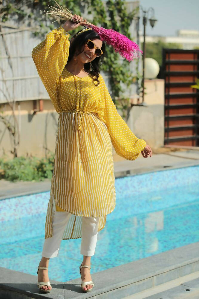 Juniper Women Mustard Georgette Bandhani High-Low Tunic - Distacart