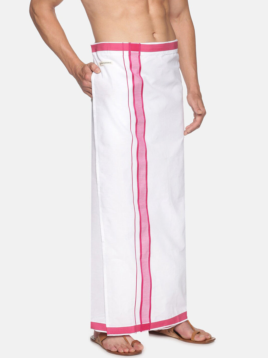 Sethukrishna White & Pink Solid Cotton Dhoti For Men - Distacart