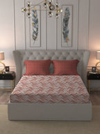 MYTRIDENT Peach Maroon Geometric Pure Cotton 144 TC Queen Bedsheet Pillow Covers