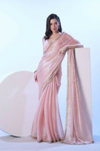 Baby Pink Burberry Solid Designer & Lace Work Saree - Samaa