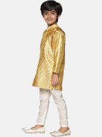 Sethukrishna Boys Gold-Coloured & White Ethnic Motifs Kurta with Pyjamas