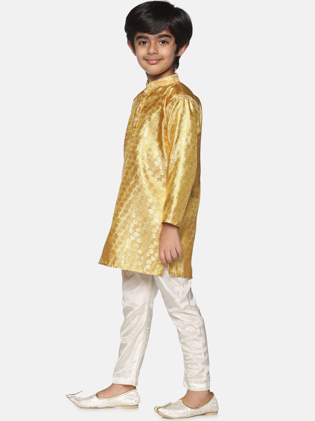 Sethukrishna Boys Gold-Coloured & White Ethnic Motifs Kurta with Pyjamas
