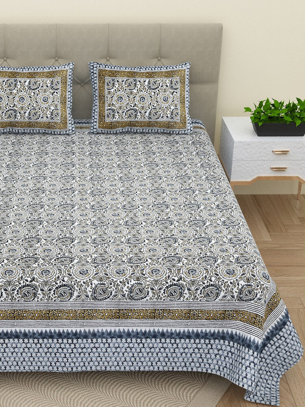 BELLA CASA Ethic White & Blue Printed Cotton 180 TC King Bedsheet with 2 Pillow Covers - Distacart