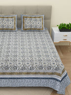 BELLA CASA Ethic White & Blue Printed Cotton 180 TC King Bedsheet with 2 Pillow Covers - Distacart