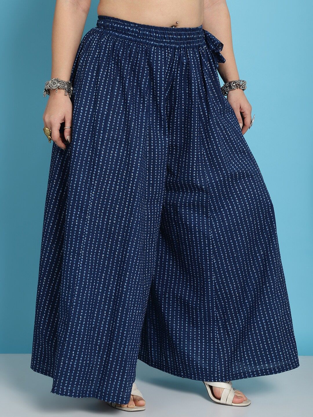TAG 7 Plus Size Polka Dot Printed Pure Cotton Flared Ethnic Palazzo