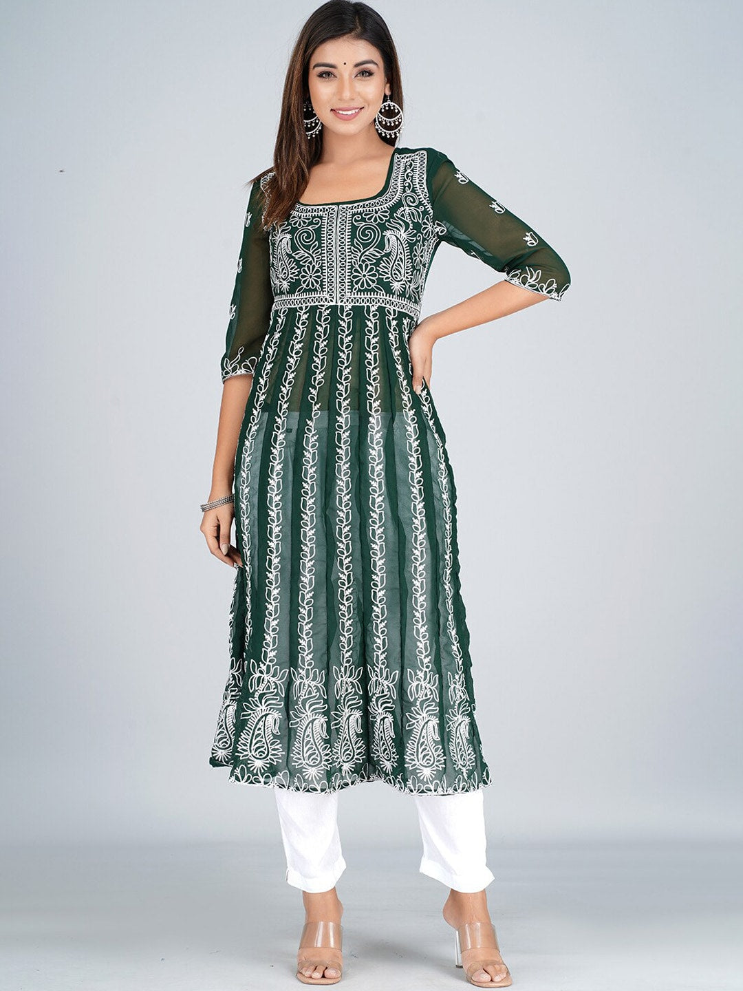HERE&NOW Ethnic Motifs Embroidered Square Neck Georgette Anarkali Kurta