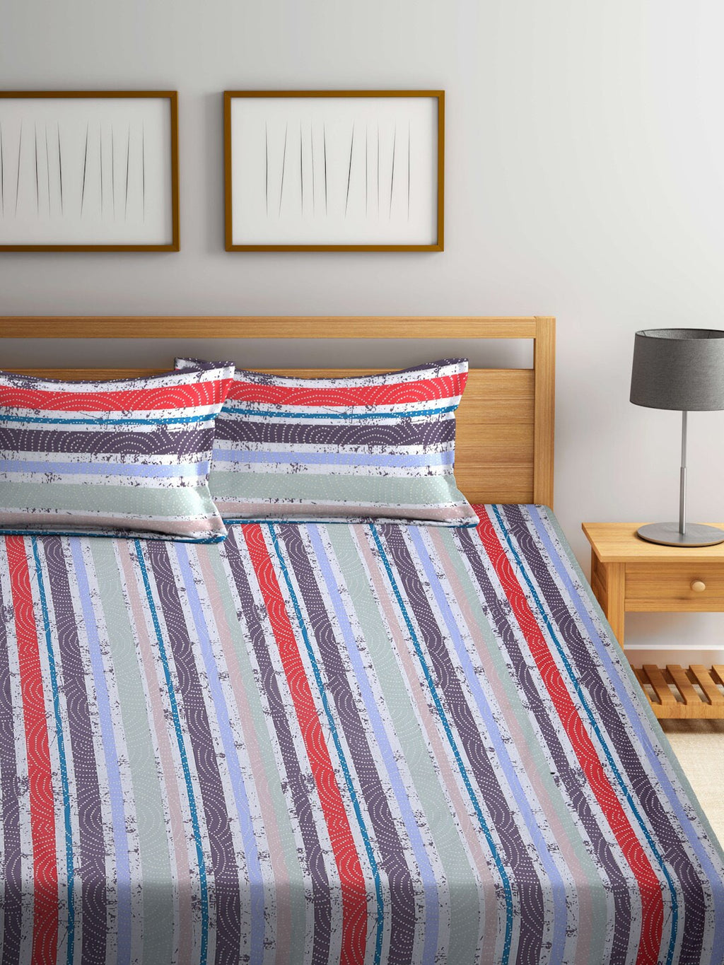 BOMBAY DYEING Red & Blue Striped Cotton 120 TC King Bedsheet with 2 Pillow Covers