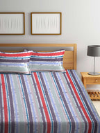 BOMBAY DYEING Red & Blue Striped Cotton 120 TC King Bedsheet with 2 Pillow Covers