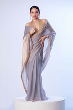 Lavender Satin Gold Organza Solid Designer & Lace Work Saree - Samaa