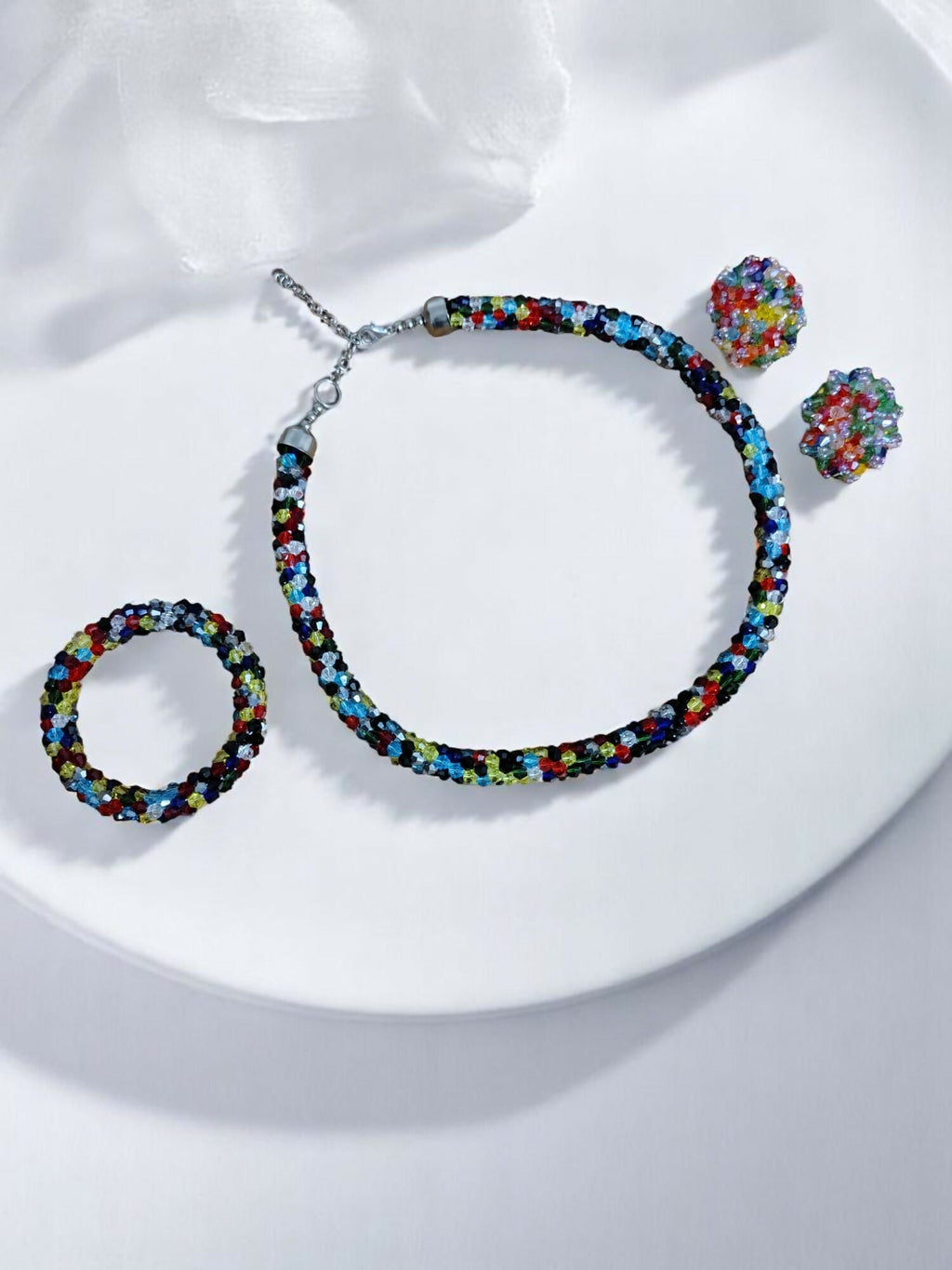 Inhanns Complete Look Crystal Statement 3-Piece Set (Adjustable Necklace + Earrings + Adjustable Bangle ) - Multi Colour