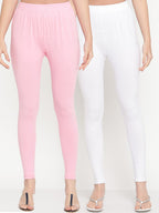 TAG 7 Women Pack Of 2 White & Pink Solid Comfort-Fit Ankle-Length Leggings