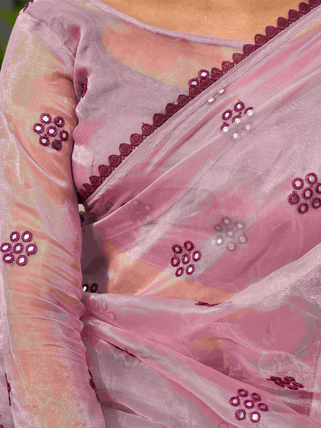Tikhi Imli Ethnic Motifs Mirror Work Organza Saree - Distacart