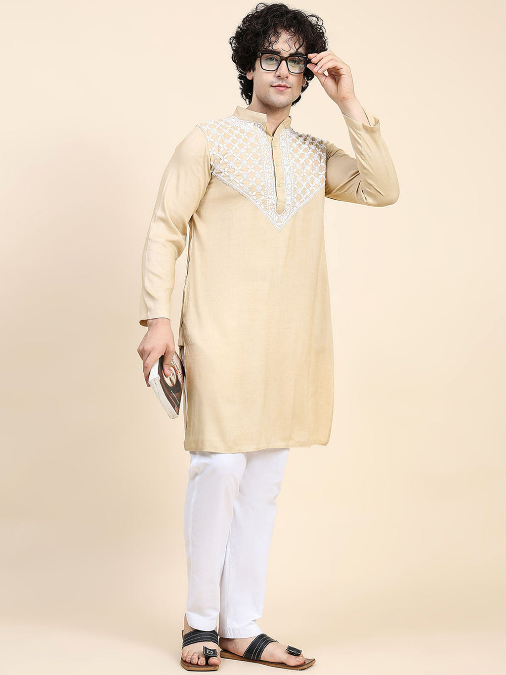 HOUSE OF KARI Ethnic Motifs Yoke Design Mandarin Collar Chikankari Pure Cotton Kurta