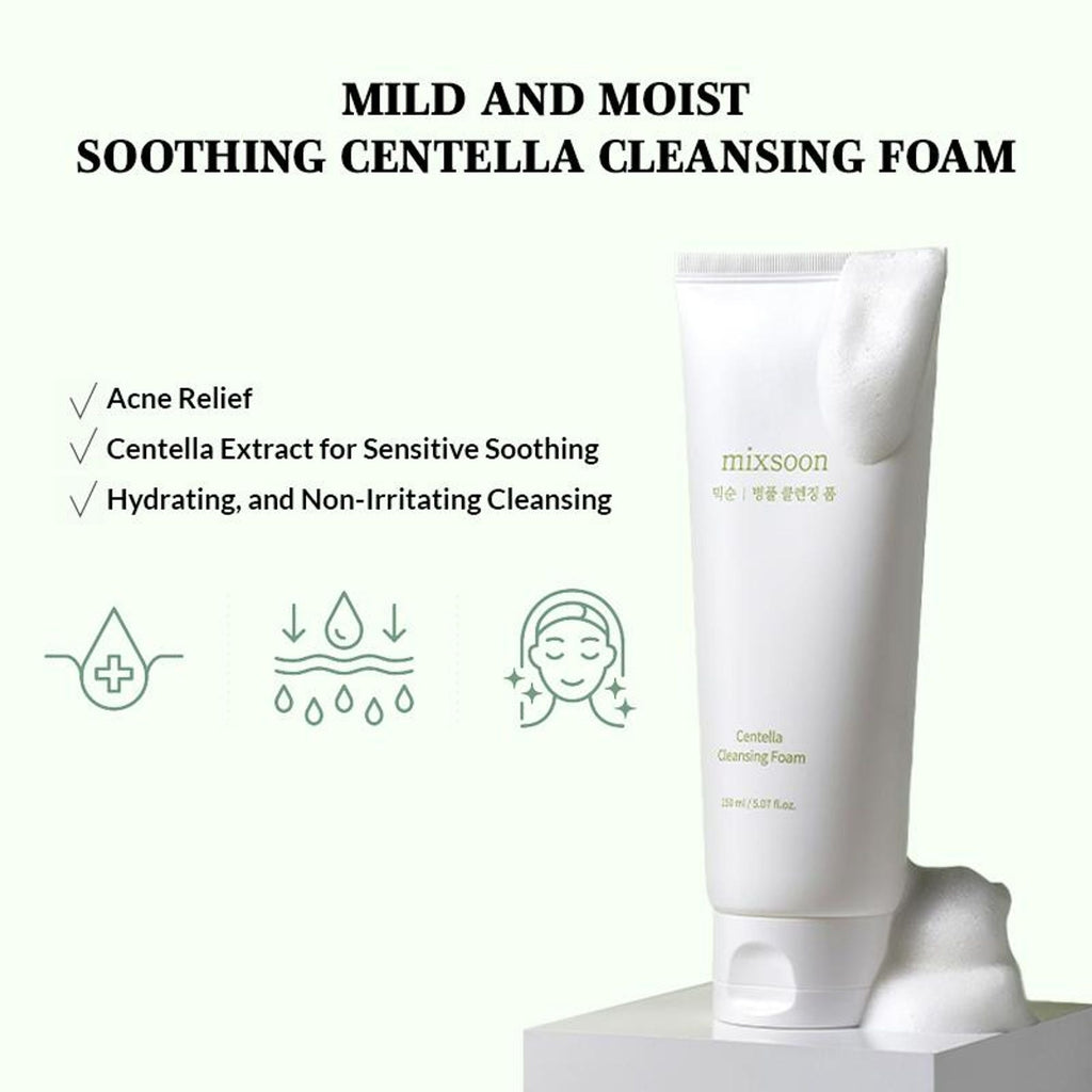 Mixsoon Centella Cleansing Foam, Gentle Face Wash for Redness & Acne-Prone Sensitive Skin