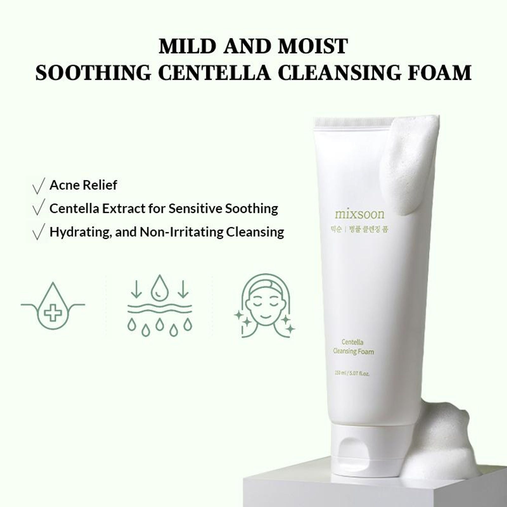 Mixsoon Centella Cleansing Foam, Gentle Face Wash for Redness & Acne-Prone Sensitive Skin