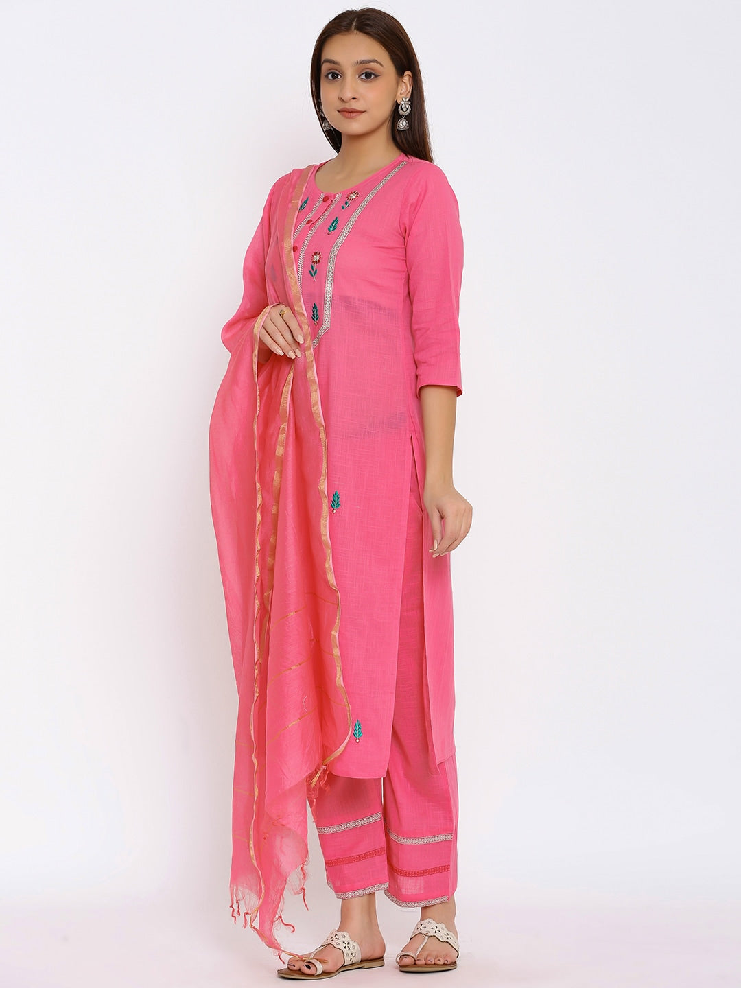 HERE&NOW Pink & Green Floral Embroidered Zari Work Kurta with Palazzos & Dupatta