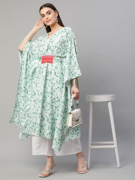 Ahalyaa Women Light Green Rayon Printed Flared Sleeve Kaftan Kurta