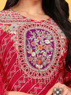 Joban Fashion Red Cotton Premium Pure Viscose Print Dola With Handwork Kurta set