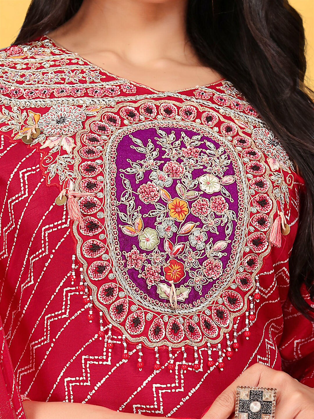 Joban Fashion Red Cotton Premium Pure Viscose Print Dola With Handwork Kurta set