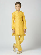 Joban Fashion Kids Island Full Sleeves Chanderi Kurta, Pyjama Set with Traditional Butta Work - Yellow - Distacart