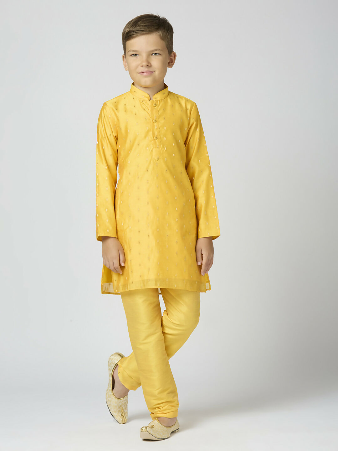 Joban Fashion Kids Island Full Sleeves Chanderi Kurta, Pyjama Set with Traditional Butta Work - Yellow - Distacart