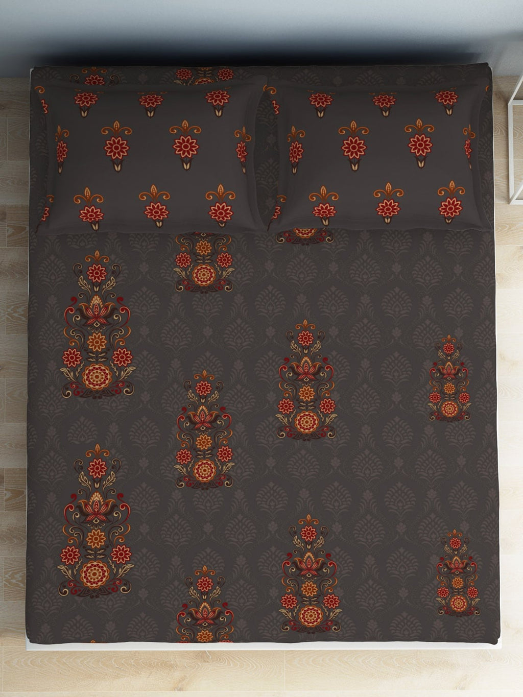 SPACES Aurum Grey Ethnic Motifs Pure Cotton 140 TC Queen Bedsheet with 2 Pillow Covers