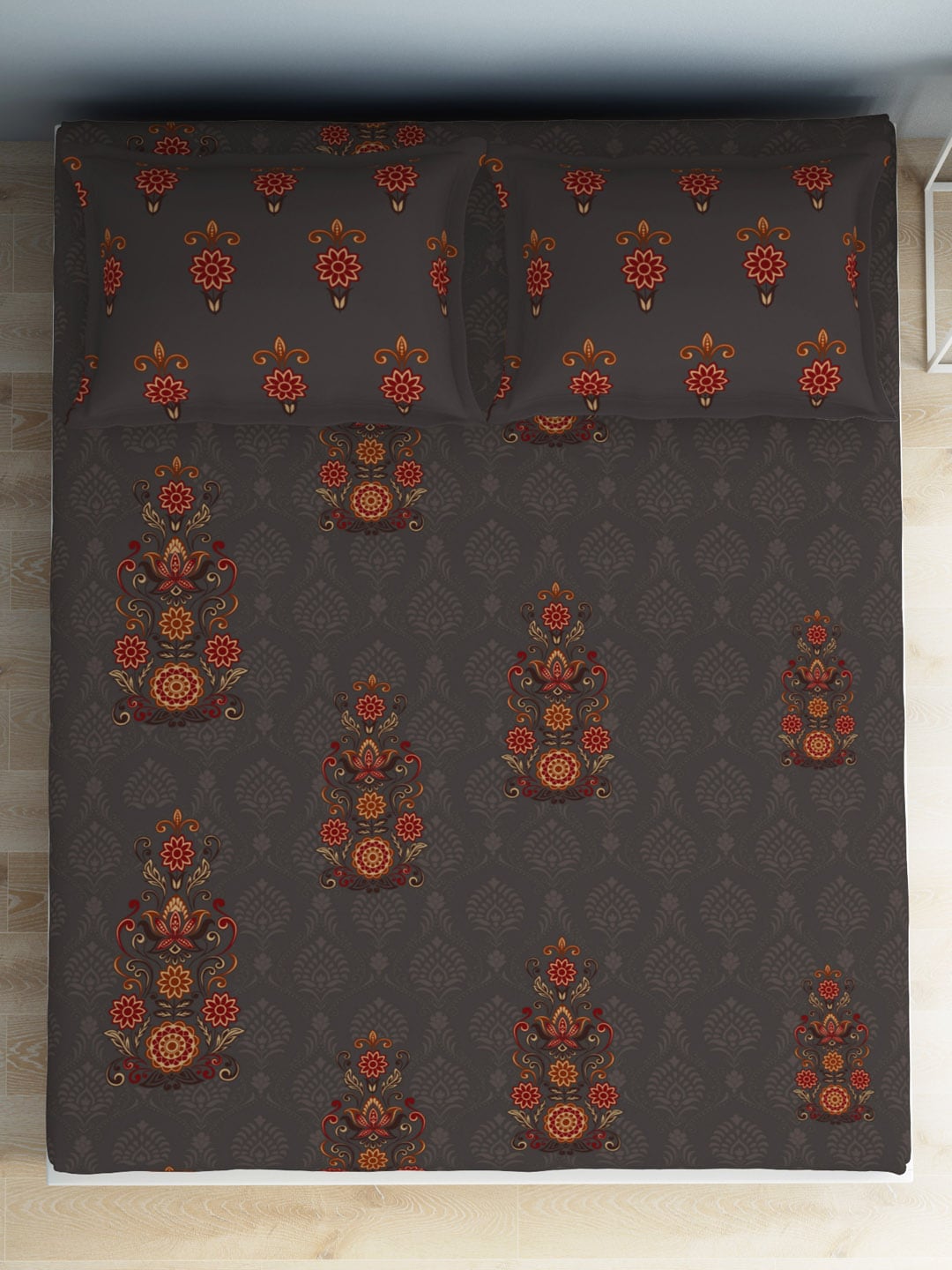SPACES Aurum Grey Ethnic Motifs Pure Cotton 140 TC Queen Bedsheet with 2 Pillow Covers