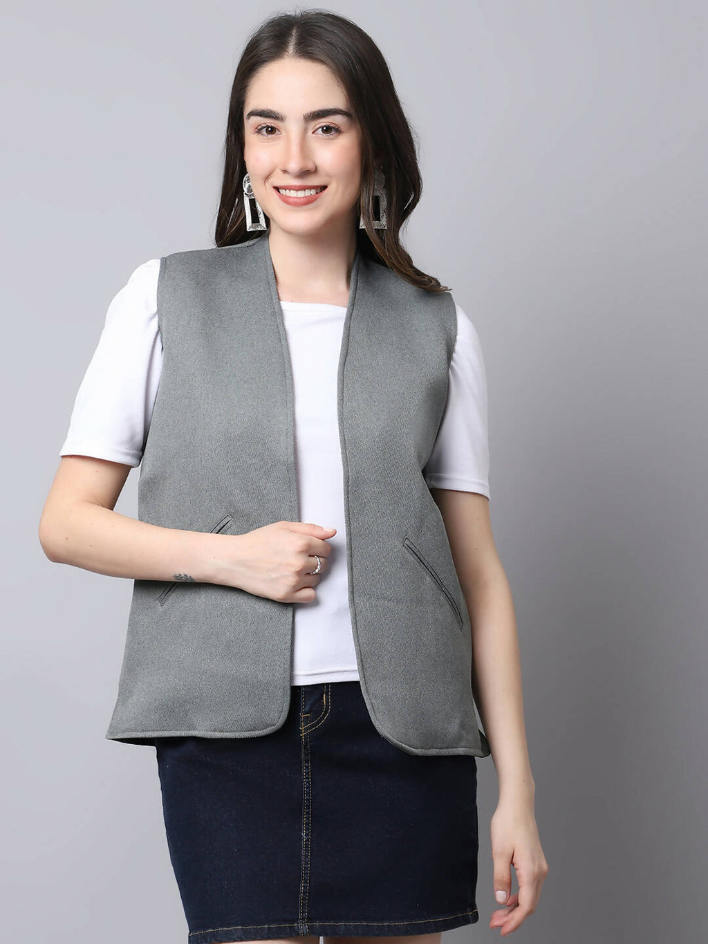Even Apparels Grey Polyblend Open Front Women's Waistcoat - Distacart
