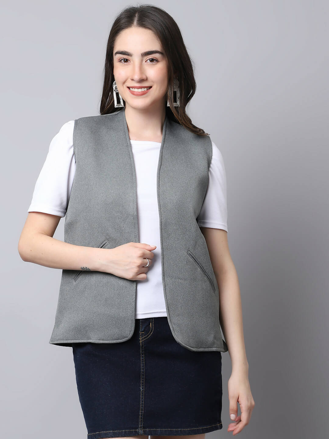 Even Apparels Grey Polyblend Open Front Women's Waistcoat - Distacart