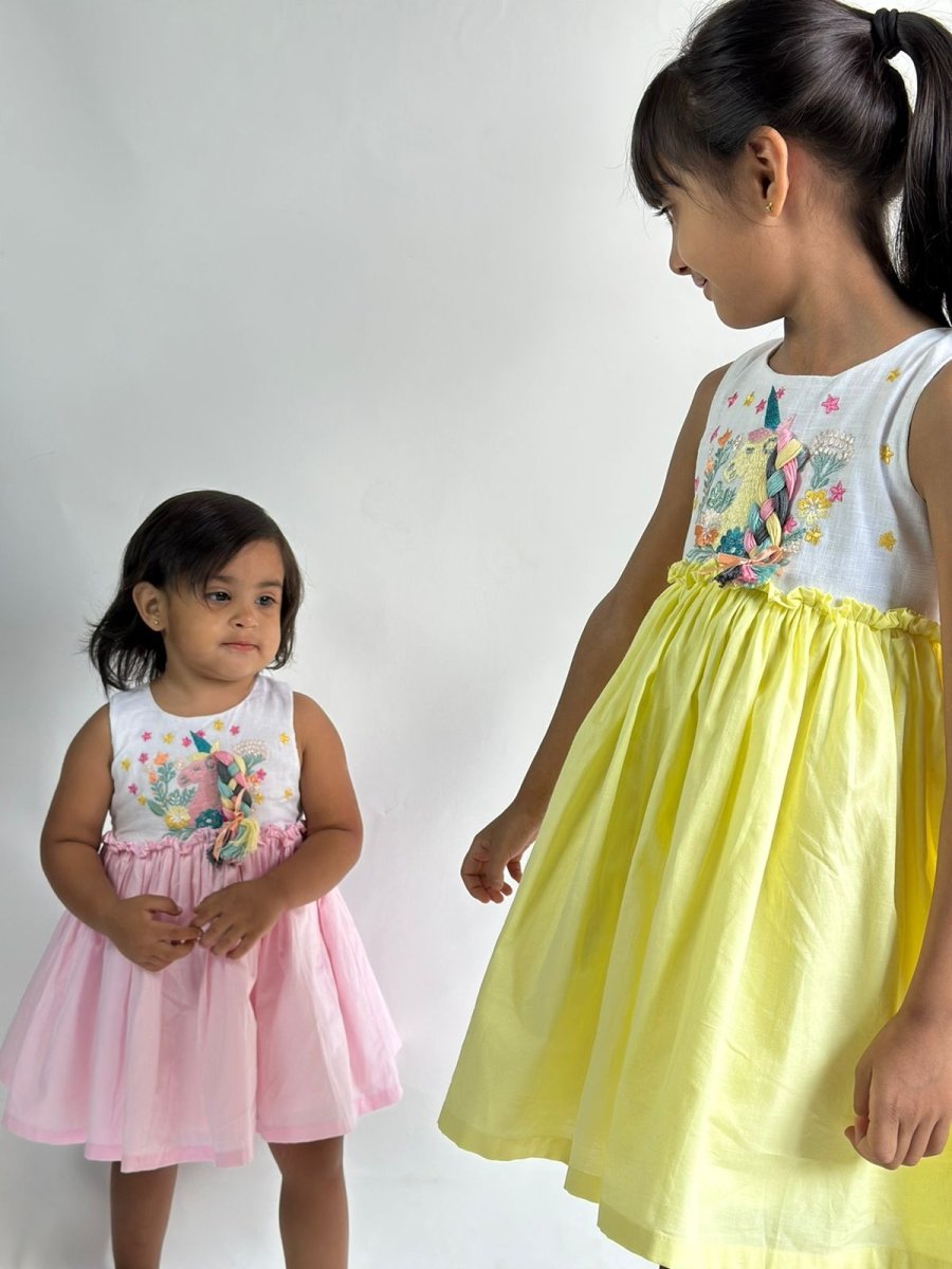 ArthLife White And Pink Unicorn Embroidered Dress