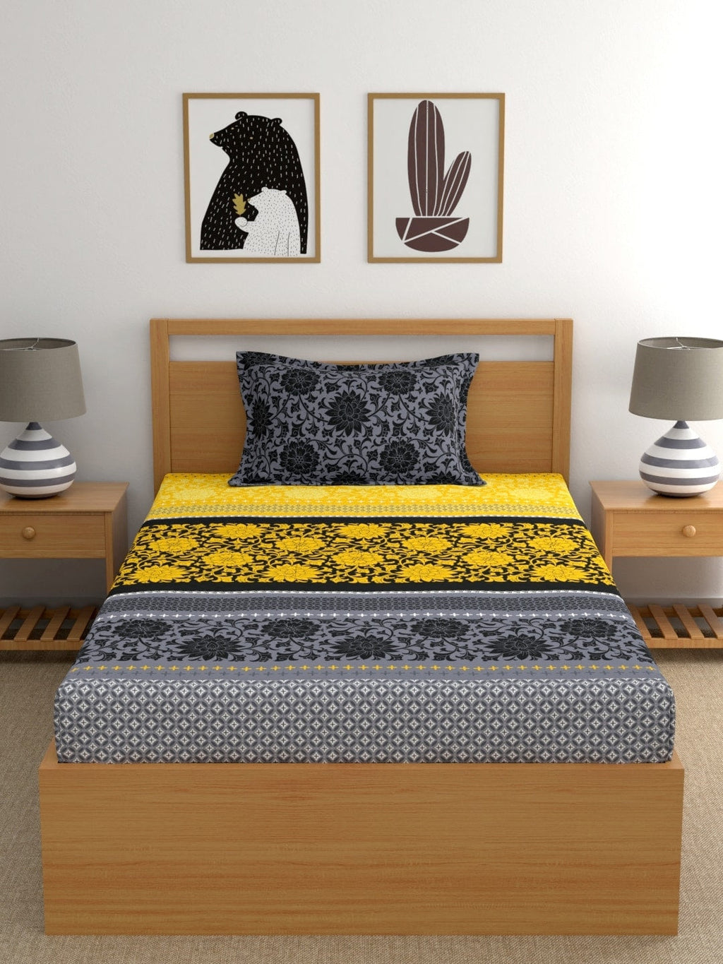 Dreamscape Yellow Ethnic Motifs Cotton 140 TC Fitted Single Bedsheet & 1 Pillow Cover
