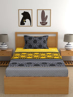 Dreamscape Yellow Ethnic Motifs Cotton 140 TC Fitted Single Bedsheet & 1 Pillow Cover